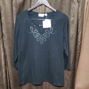 Quacker Factory Black Long Sleeve Top with Embellished Design NWT